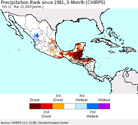 Mexico Central America and the Caribbean Precipitation Rank since 1981, 3-Month (CHIRPS) Thematic Map For 2/11/2024 - 5/10/2024