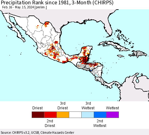 Mexico Central America and the Caribbean Precipitation Rank since 1981, 3-Month (CHIRPS) Thematic Map For 2/16/2024 - 5/15/2024