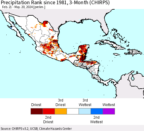 Mexico Central America and the Caribbean Precipitation Rank since 1981, 3-Month (CHIRPS) Thematic Map For 2/21/2024 - 5/20/2024