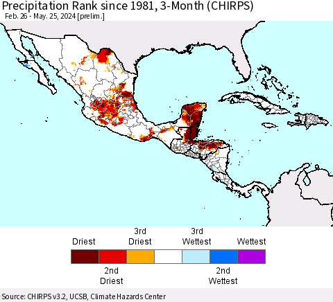Mexico Central America and the Caribbean Precipitation Rank since 1981, 3-Month (CHIRPS) Thematic Map For 2/26/2024 - 5/25/2024