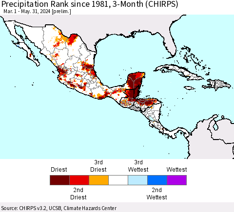 Mexico Central America and the Caribbean Precipitation Rank since 1981, 3-Month (CHIRPS) Thematic Map For 3/1/2024 - 5/31/2024