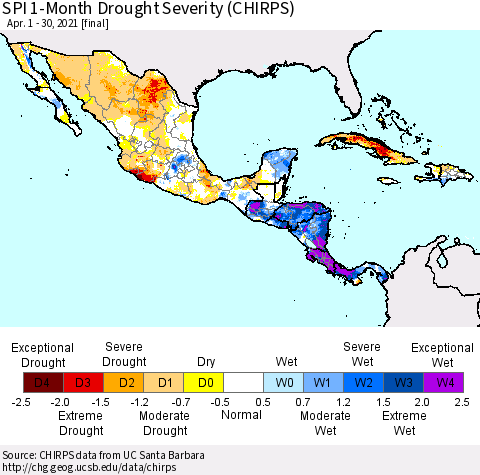 Mexico Central America and the Caribbean SPI 1-Month Drought Severity (CHIRPS) Thematic Map For 4/1/2021 - 4/30/2021