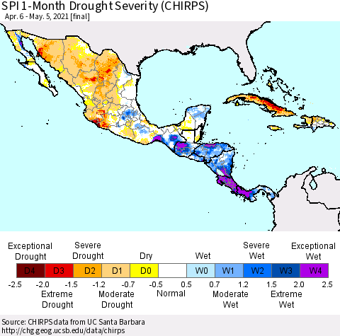 Mexico Central America and the Caribbean SPI 1-Month Drought Severity (CHIRPS) Thematic Map For 4/6/2021 - 5/5/2021