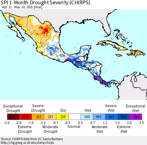 Mexico Central America and the Caribbean SPI 1-Month Drought Severity (CHIRPS) Thematic Map For 4/11/2021 - 5/10/2021