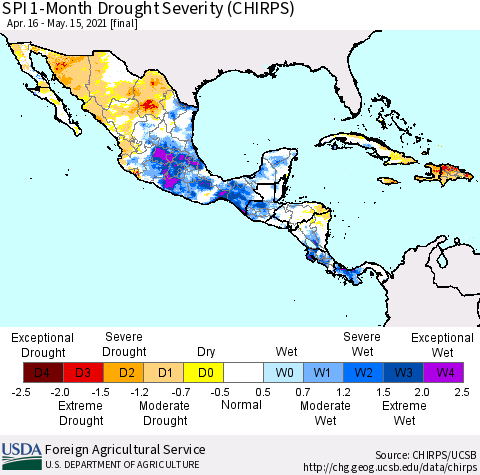 Mexico Central America and the Caribbean SPI 1-Month Drought Severity (CHIRPS) Thematic Map For 4/16/2021 - 5/15/2021