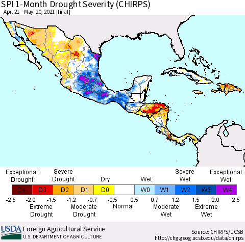Mexico Central America and the Caribbean SPI 1-Month Drought Severity (CHIRPS) Thematic Map For 4/21/2021 - 5/20/2021