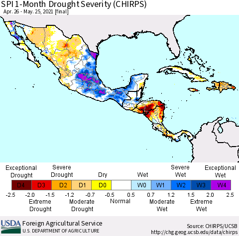 Mexico Central America and the Caribbean SPI 1-Month Drought Severity (CHIRPS) Thematic Map For 4/26/2021 - 5/25/2021