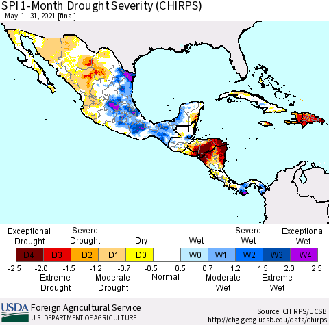 Mexico Central America and the Caribbean SPI 1-Month Drought Severity (CHIRPS) Thematic Map For 5/1/2021 - 5/31/2021
