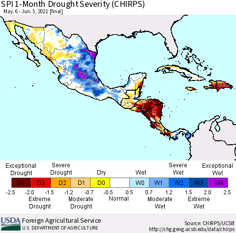 Mexico Central America and the Caribbean SPI 1-Month Drought Severity (CHIRPS) Thematic Map For 5/6/2021 - 6/5/2021