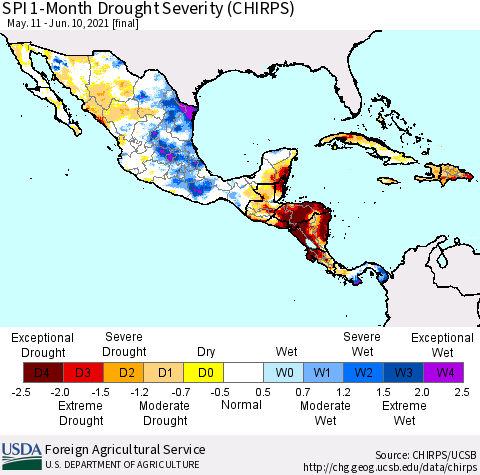 Mexico Central America and the Caribbean SPI 1-Month Drought Severity (CHIRPS) Thematic Map For 5/11/2021 - 6/10/2021