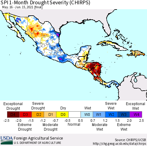 Mexico Central America and the Caribbean SPI 1-Month Drought Severity (CHIRPS) Thematic Map For 5/16/2021 - 6/15/2021