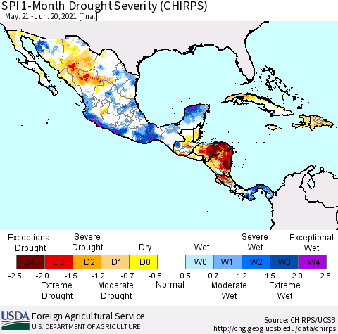 Mexico Central America and the Caribbean SPI 1-Month Drought Severity (CHIRPS) Thematic Map For 5/21/2021 - 6/20/2021