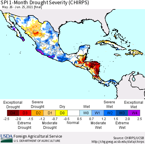 Mexico Central America and the Caribbean SPI 1-Month Drought Severity (CHIRPS) Thematic Map For 5/26/2021 - 6/25/2021