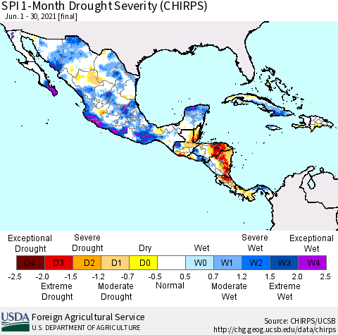 Mexico Central America and the Caribbean SPI 1-Month Drought Severity (CHIRPS) Thematic Map For 6/1/2021 - 6/30/2021
