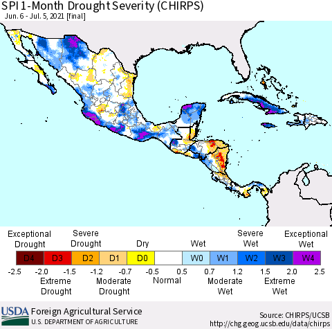 Mexico Central America and the Caribbean SPI 1-Month Drought Severity (CHIRPS) Thematic Map For 6/6/2021 - 7/5/2021