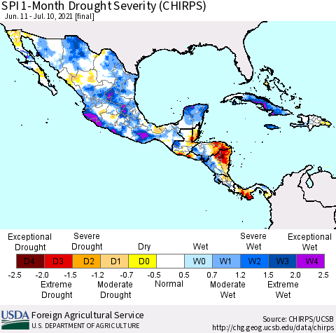 Mexico Central America and the Caribbean SPI 1-Month Drought Severity (CHIRPS) Thematic Map For 6/11/2021 - 7/10/2021