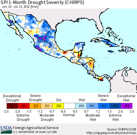 Mexico Central America and the Caribbean SPI 1-Month Drought Severity (CHIRPS) Thematic Map For 6/16/2021 - 7/15/2021