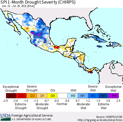Mexico Central America and the Caribbean SPI 1-Month Drought Severity (CHIRPS) Thematic Map For 6/21/2021 - 7/20/2021