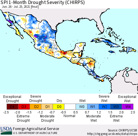Mexico Central America and the Caribbean SPI 1-Month Drought Severity (CHIRPS) Thematic Map For 6/26/2021 - 7/25/2021