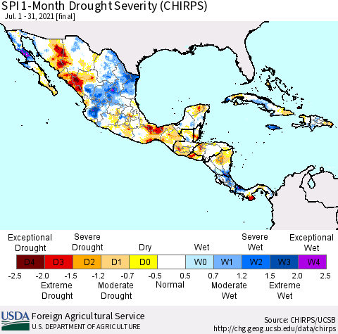 Mexico Central America and the Caribbean SPI 1-Month Drought Severity (CHIRPS) Thematic Map For 7/1/2021 - 7/31/2021