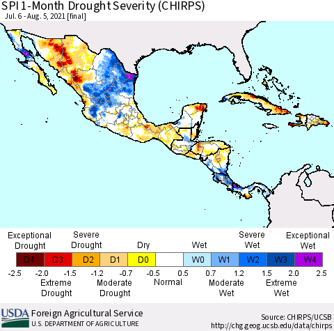 Mexico Central America and the Caribbean SPI 1-Month Drought Severity (CHIRPS) Thematic Map For 7/6/2021 - 8/5/2021
