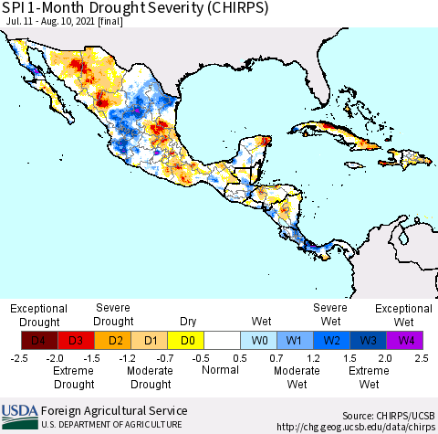Mexico Central America and the Caribbean SPI 1-Month Drought Severity (CHIRPS) Thematic Map For 7/11/2021 - 8/10/2021
