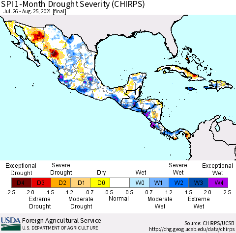 Mexico Central America and the Caribbean SPI 1-Month Drought Severity (CHIRPS) Thematic Map For 7/26/2021 - 8/25/2021
