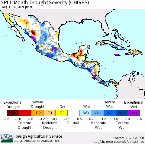 Mexico Central America and the Caribbean SPI 1-Month Drought Severity (CHIRPS) Thematic Map For 8/1/2021 - 8/31/2021