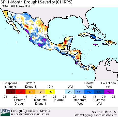 Mexico Central America and the Caribbean SPI 1-Month Drought Severity (CHIRPS) Thematic Map For 8/6/2021 - 9/5/2021
