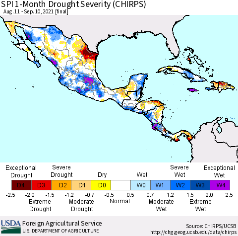 Mexico Central America and the Caribbean SPI 1-Month Drought Severity (CHIRPS) Thematic Map For 8/11/2021 - 9/10/2021