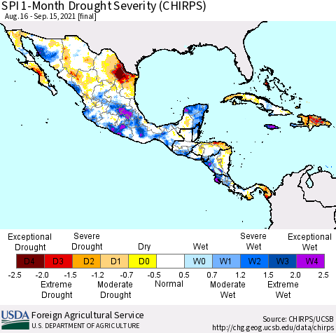 Mexico Central America and the Caribbean SPI 1-Month Drought Severity (CHIRPS) Thematic Map For 8/16/2021 - 9/15/2021