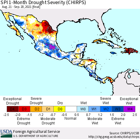 Mexico Central America and the Caribbean SPI 1-Month Drought Severity (CHIRPS) Thematic Map For 8/21/2021 - 9/20/2021