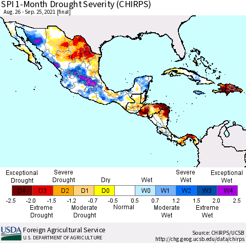 Mexico Central America and the Caribbean SPI 1-Month Drought Severity (CHIRPS) Thematic Map For 8/26/2021 - 9/25/2021