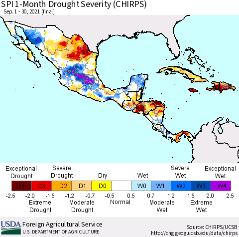 Mexico Central America and the Caribbean SPI 1-Month Drought Severity (CHIRPS) Thematic Map For 9/1/2021 - 9/30/2021
