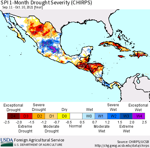 Mexico Central America and the Caribbean SPI 1-Month Drought Severity (CHIRPS) Thematic Map For 9/11/2021 - 10/10/2021