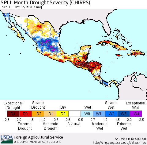 Mexico Central America and the Caribbean SPI 1-Month Drought Severity (CHIRPS) Thematic Map For 9/16/2021 - 10/15/2021