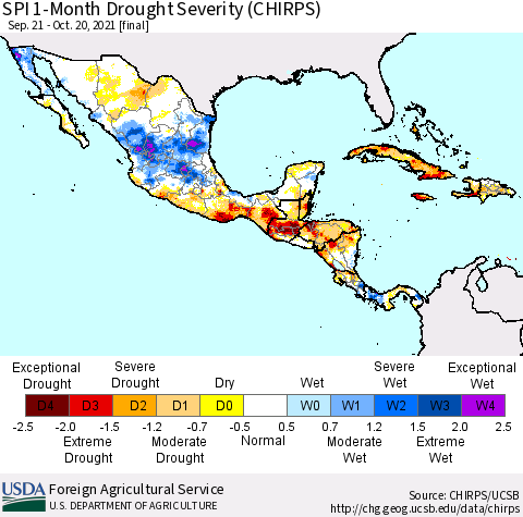 Mexico Central America and the Caribbean SPI 1-Month Drought Severity (CHIRPS) Thematic Map For 9/21/2021 - 10/20/2021