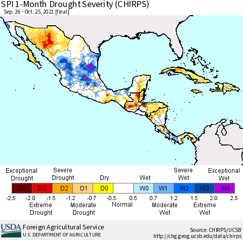 Mexico Central America and the Caribbean SPI 1-Month Drought Severity (CHIRPS) Thematic Map For 9/26/2021 - 10/25/2021