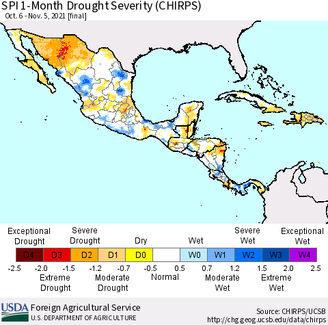Mexico Central America and the Caribbean SPI 1-Month Drought Severity (CHIRPS) Thematic Map For 10/6/2021 - 11/5/2021