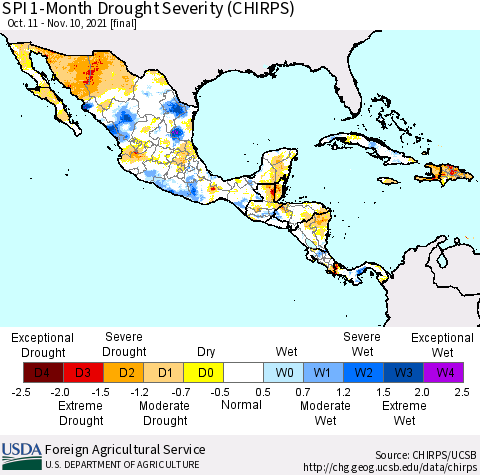 Mexico Central America and the Caribbean SPI 1-Month Drought Severity (CHIRPS) Thematic Map For 10/11/2021 - 11/10/2021