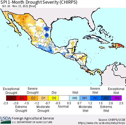 Mexico Central America and the Caribbean SPI 1-Month Drought Severity (CHIRPS) Thematic Map For 10/16/2021 - 11/15/2021