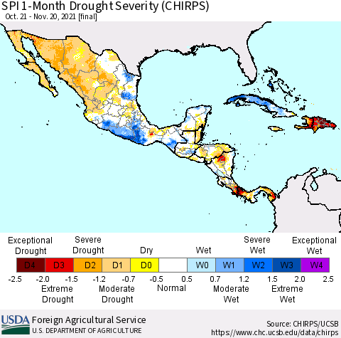 Mexico Central America and the Caribbean SPI 1-Month Drought Severity (CHIRPS) Thematic Map For 10/21/2021 - 11/20/2021