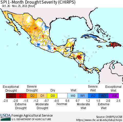 Mexico Central America and the Caribbean SPI 1-Month Drought Severity (CHIRPS) Thematic Map For 10/26/2021 - 11/25/2021