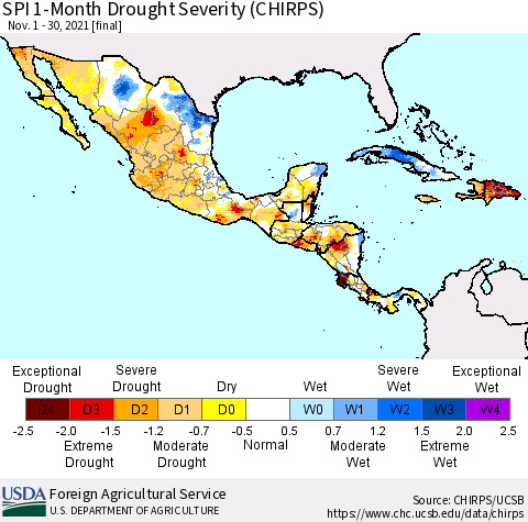 Mexico Central America and the Caribbean SPI 1-Month Drought Severity (CHIRPS) Thematic Map For 11/1/2021 - 11/30/2021