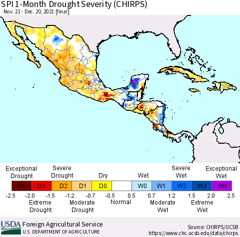 Mexico Central America and the Caribbean SPI 1-Month Drought Severity (CHIRPS) Thematic Map For 11/21/2021 - 12/20/2021