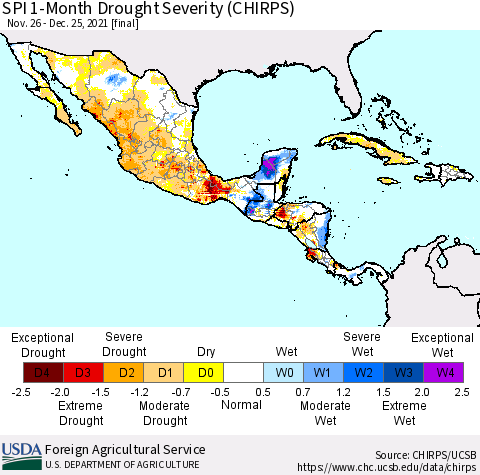 Mexico Central America and the Caribbean SPI 1-Month Drought Severity (CHIRPS) Thematic Map For 11/26/2021 - 12/25/2021