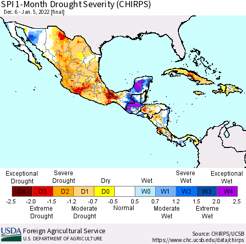 Mexico Central America and the Caribbean SPI 1-Month Drought Severity (CHIRPS) Thematic Map For 12/6/2021 - 1/5/2022