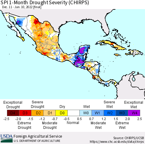 Mexico Central America and the Caribbean SPI 1-Month Drought Severity (CHIRPS) Thematic Map For 12/11/2021 - 1/10/2022