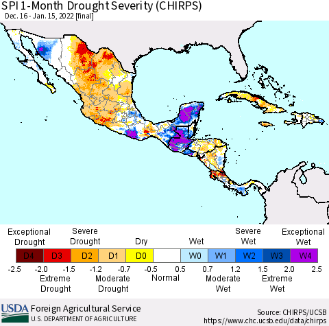 Mexico Central America and the Caribbean SPI 1-Month Drought Severity (CHIRPS) Thematic Map For 12/16/2021 - 1/15/2022