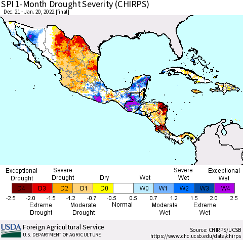 Mexico Central America and the Caribbean SPI 1-Month Drought Severity (CHIRPS) Thematic Map For 12/21/2021 - 1/20/2022